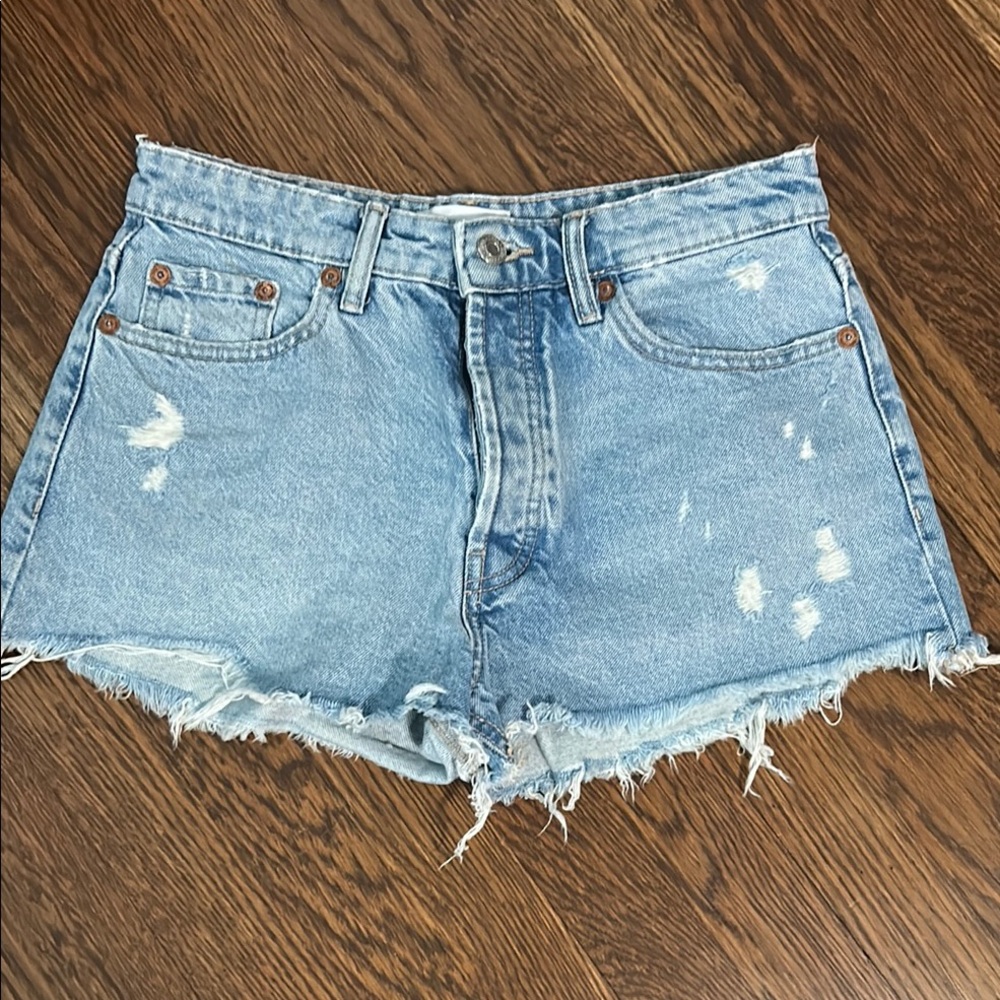 Zara Light Blue Distressed Denim Jean Shorts